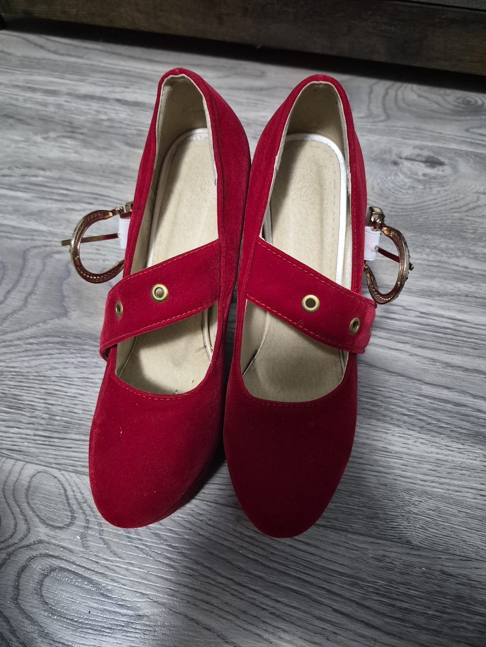 EGO Red Mary Jane Block Heel Pumps with Gold Hardware